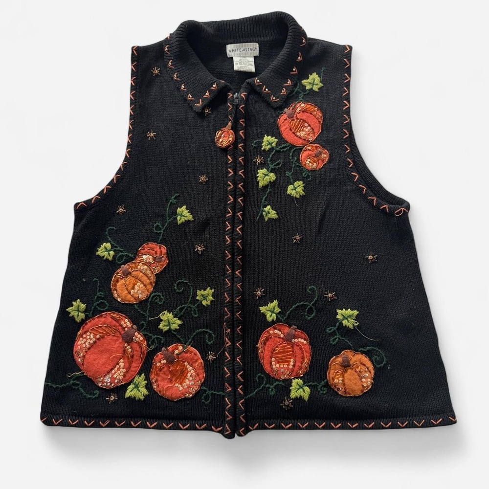 White Stag Women's Large Black Pumpkin Embellished Sweater Vest